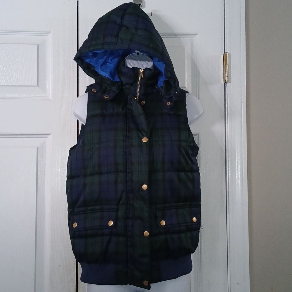 Peyton & Parker blue green plaid black plaid puffer vest with removeable hood XS